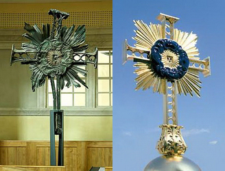 The burnt ruin of the original cross that topped the dome of the Dresden Frauenskirche: The new Frauenskirche cross